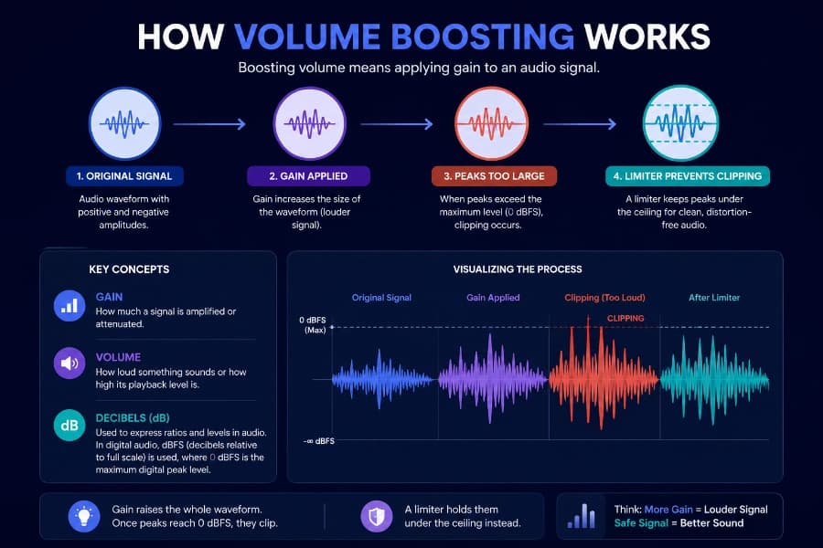 Four-stage diagram of how volume boosting works. 1, Original signal: an audio waveform with positive and negative amplitudes. 2, Gain applied: gain increases the size of the waveform, making it louder. 3, Peaks too large: when peaks exceed the maximum level of 0 dBFS, clipping occurs. 4, Limiter prevents clipping: a limiter keeps peaks under the ceiling for clean, distortion-free audio. A key-concepts panel defines gain as how much a signal is amplified or attenuated, volume as how loud something sounds or how high its playback level is, and decibels as the way ratios and levels are expressed, where 0 dBFS is the maximum digital peak level. A chart plots the four waveforms against the 0 dBFS line, showing the clipped one flattened against the ceiling and the limited one held just below it.