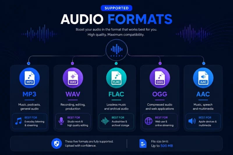 Infographic of the audio formats the SonicLab Volume Booster supports: MP3, WAV, FLAC, OGG, and AAC.