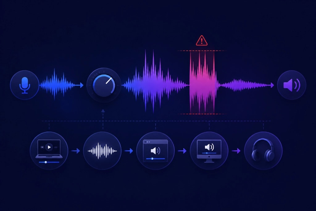 Diagram of an audio signal chain: a microphone feeds a waveform into a gain knob, and as the level is raised the waveform grows until its peaks hit the maximum level marked by dashed ceiling lines, where they flatten off into a red clipped section under a warning triangle before reaching the speaker. Below it, a second row shows the volume stages that stack up along the way — the player on a laptop, the audio track, the browser tab, the computer's system volume, and finally the headphones.