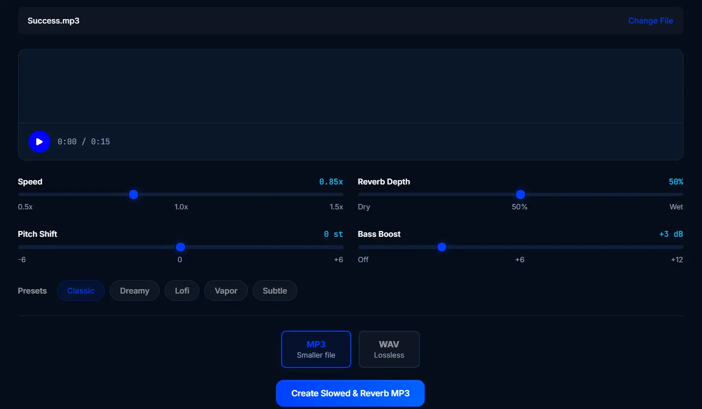 SonicLab slowed and reverb tool interface with speed, reverb, and pitch sliders